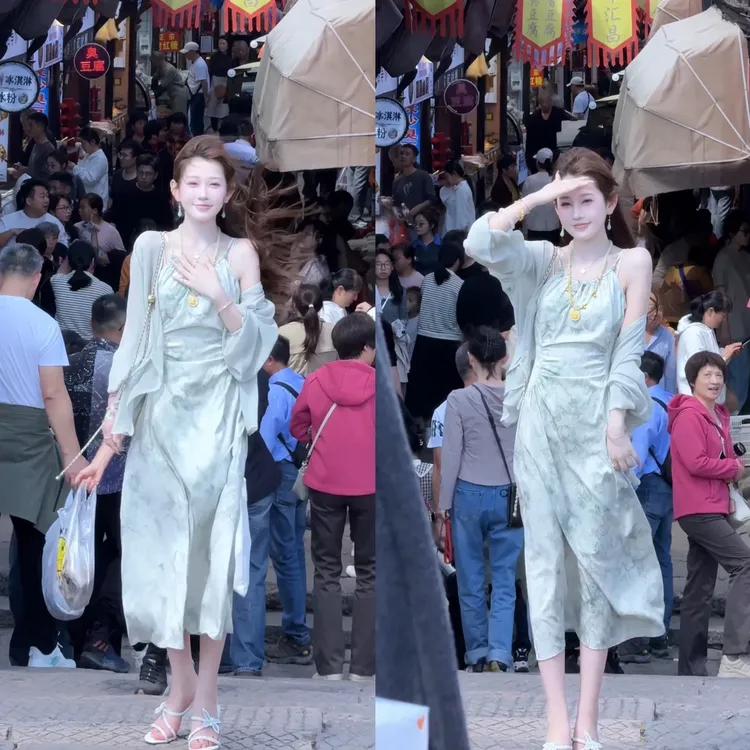 《只此青绿 •初见》仙雾国风吊带连衣裙子旗袍外套百搭开衫上衣女装
