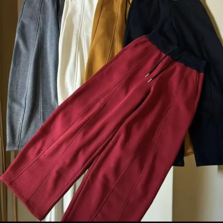 JING冬季新款拼色加绒加厚高腰弯刀阔腿休闲香蕉裤