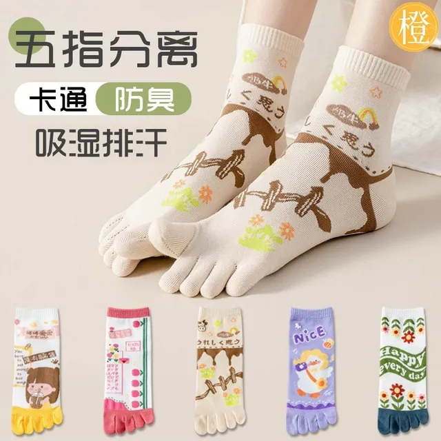 五指袜女夏季短袜运动防臭五趾脚趾棉袜夏天袜子女士卡通拇指分趾