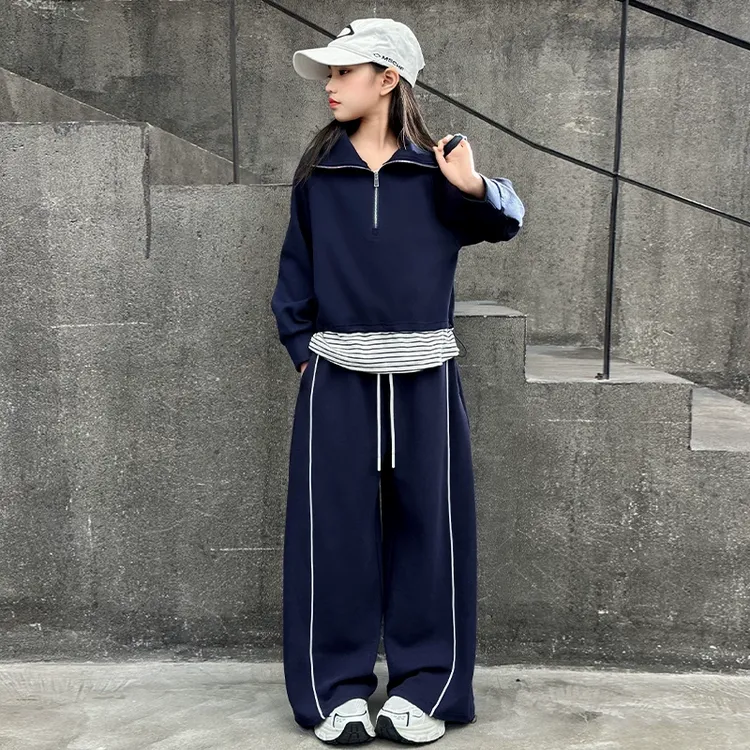 女童休闲套装春秋2025新款洋气女孩春季假两件卫衣阔腿裤两件套潮