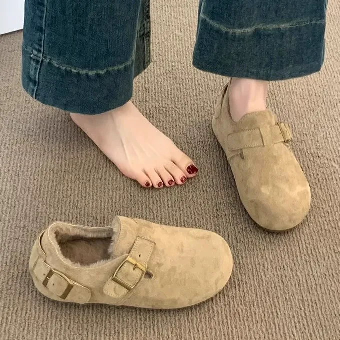 香港真皮厚底勃肯鞋女2025新款冬季加绒保暖棉鞋一脚蹬毛毛豆豆鞋