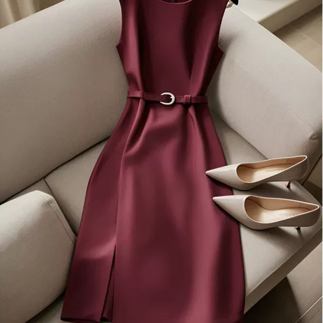 夏日钓系约会独特绝美端庄大气超好看红色收腰无袖连衣裙女小裙子