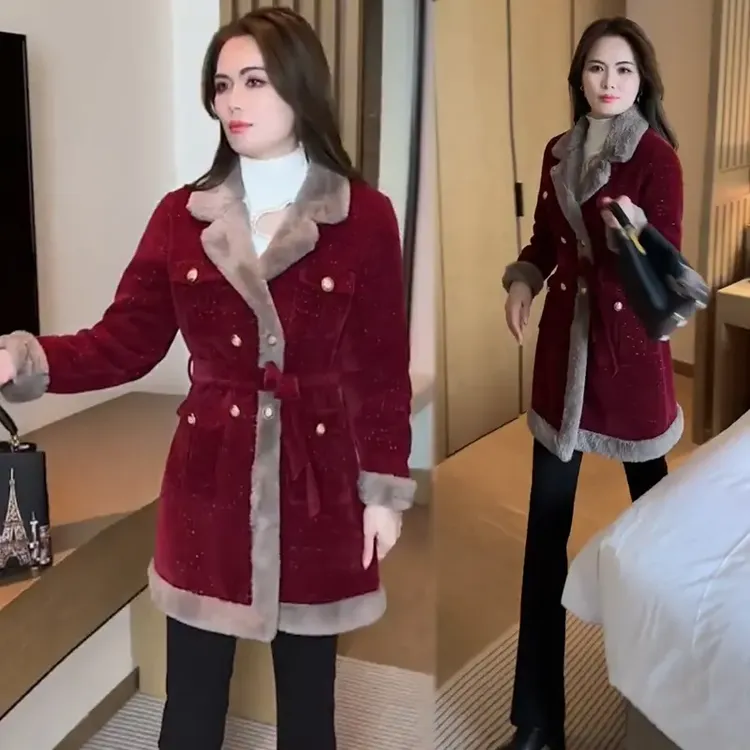 拉夏贝尔外套中长款冬季新款收腰时尚休闲洋气加绒加厚保暖大衣