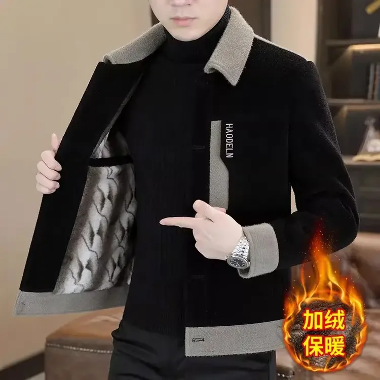 2025年新款男士毛呢外套高级感休闲翻领呢子大衣潮流拼接男装