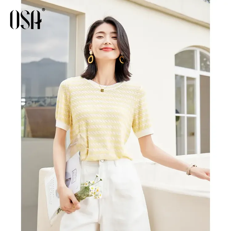 黄色冰丝条纹短袖针织衫女春装2025年新款显瘦百搭套头薄上衣t恤