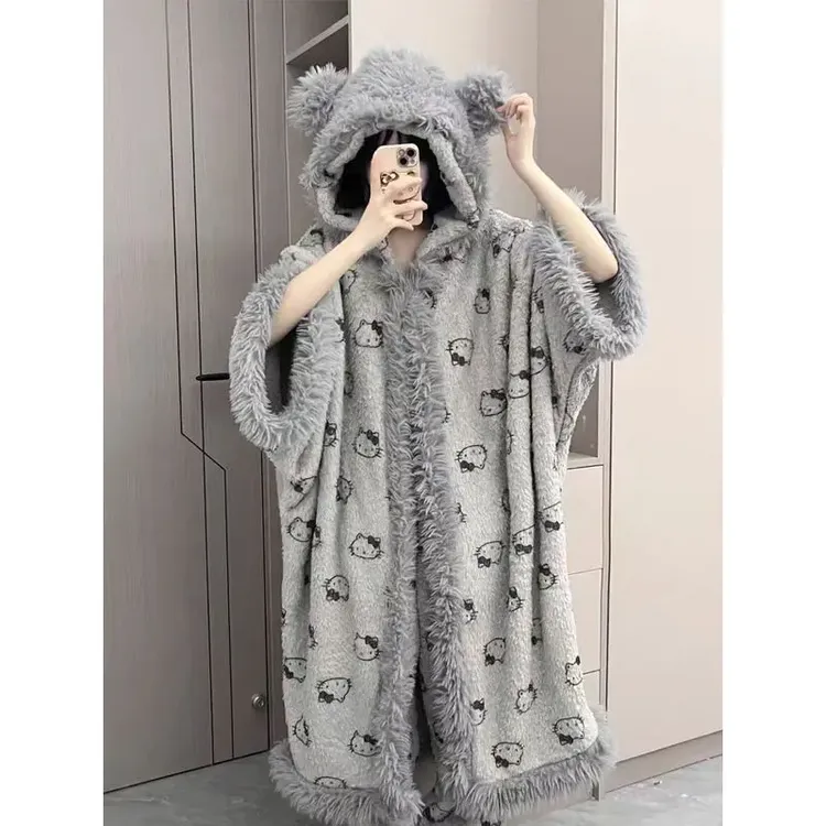 2025冬季高级灰色凯蒂猫睡袍新款连帽睡袍加绒可爱家居服套