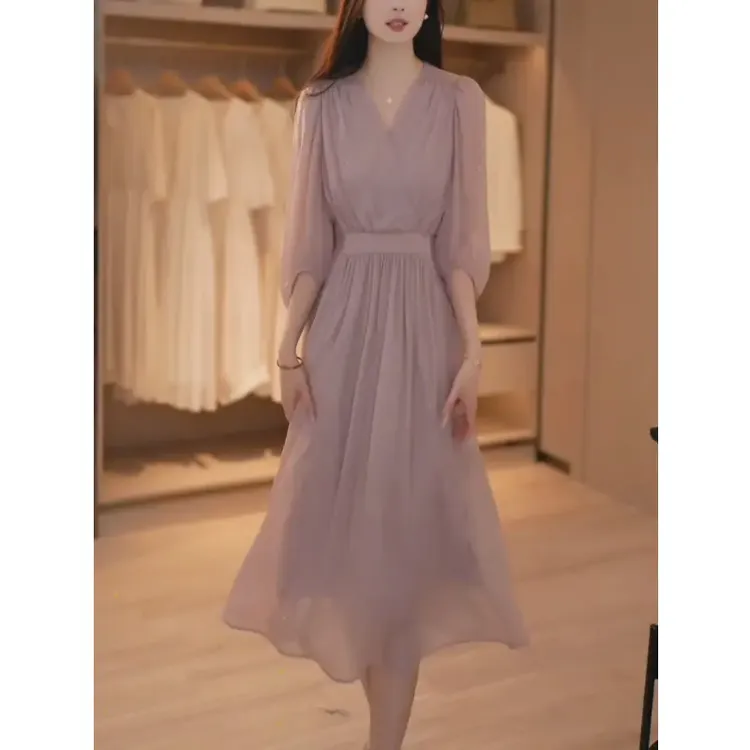 【星河入梦56】夏新款闪闪柔紫V领夏季新款宽松显瘦中长款连衣裙