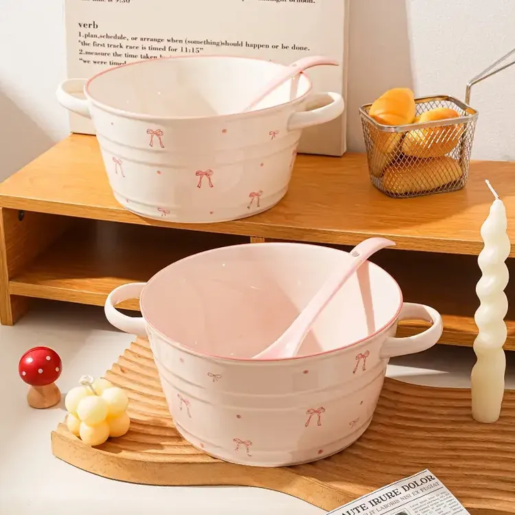 少女蝴蝶结双耳大汤碗陶瓷面碗家用大容量ins大汤碗螺蛳粉碗TJ