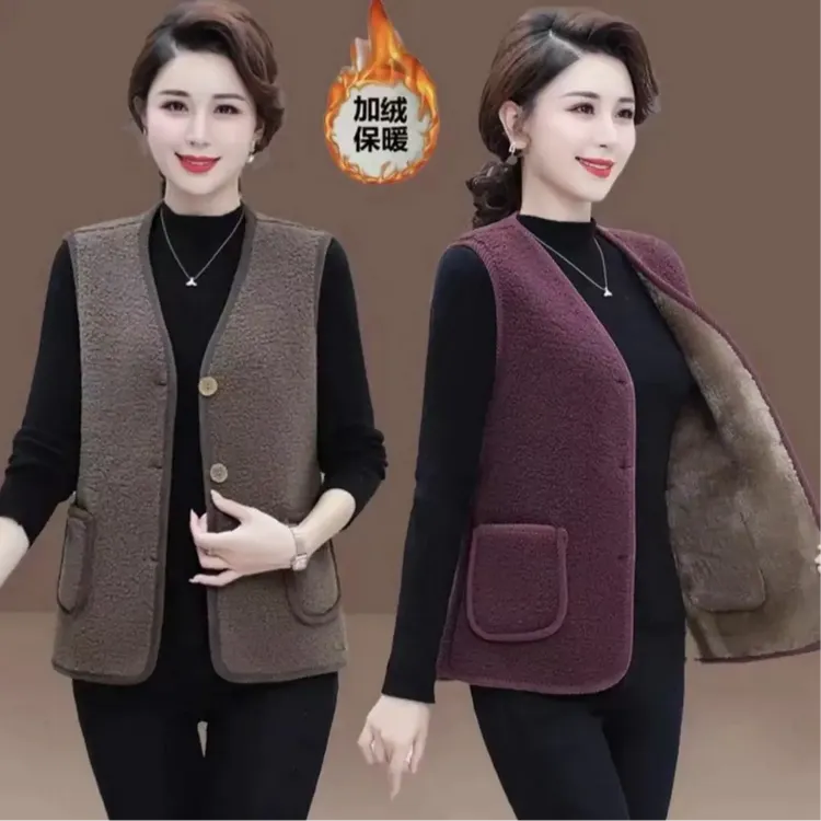 【反季特卖】女士中年百搭马甲羊羔绒成人保暖坎肩雪尼尔麂皮浣熊