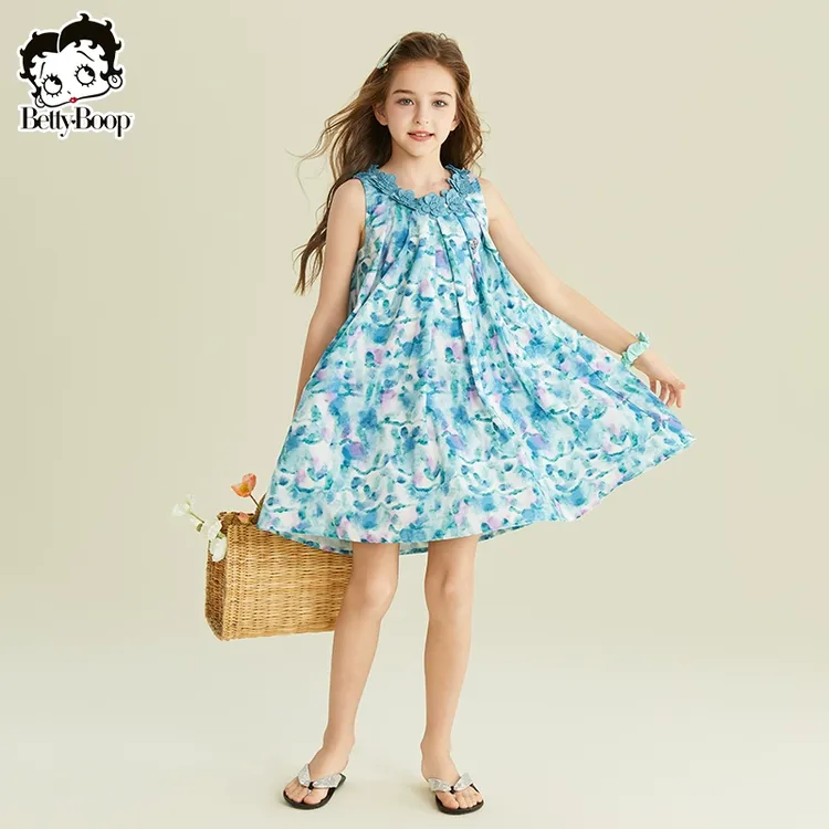 贝蒂童装女童夏季无袖水墨蓝连衣裙子2025年新品儿童中大童25415