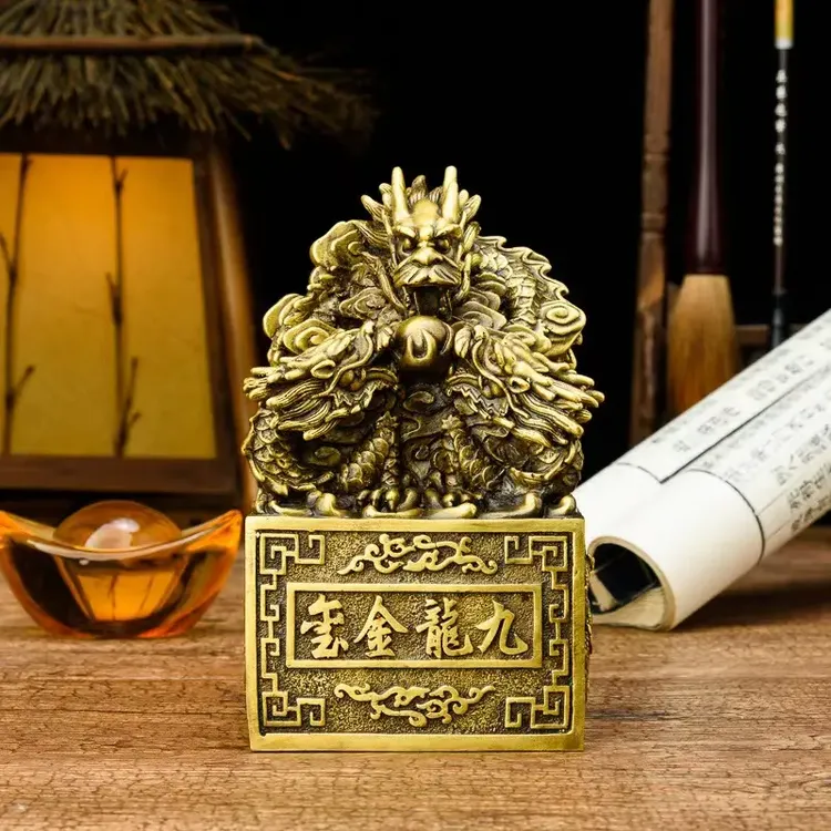 九龙金玺全铜印章摆件