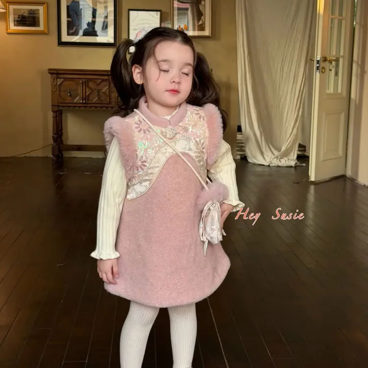 正版Susie 秋冬新款女童针织加绒国风连衣裙秋冬套装