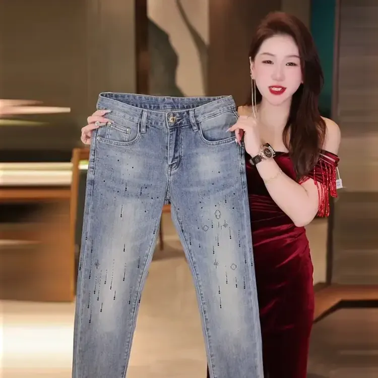 2025春夏新款男士烫钻牛仔裤百搭蓝色显高显瘦修身弹力裤子男
