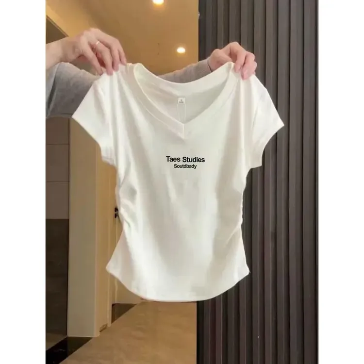 V领正肩短袖t恤女士设计感小众收腰修身显瘦白色上衣体恤夏季潮