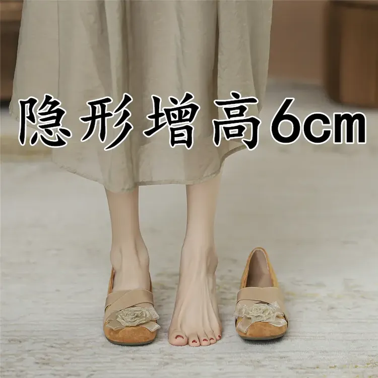 真皮法式玛丽珍鞋女2025新款温柔花朵交叉带芭蕾舞鞋内增高晚晚鞋