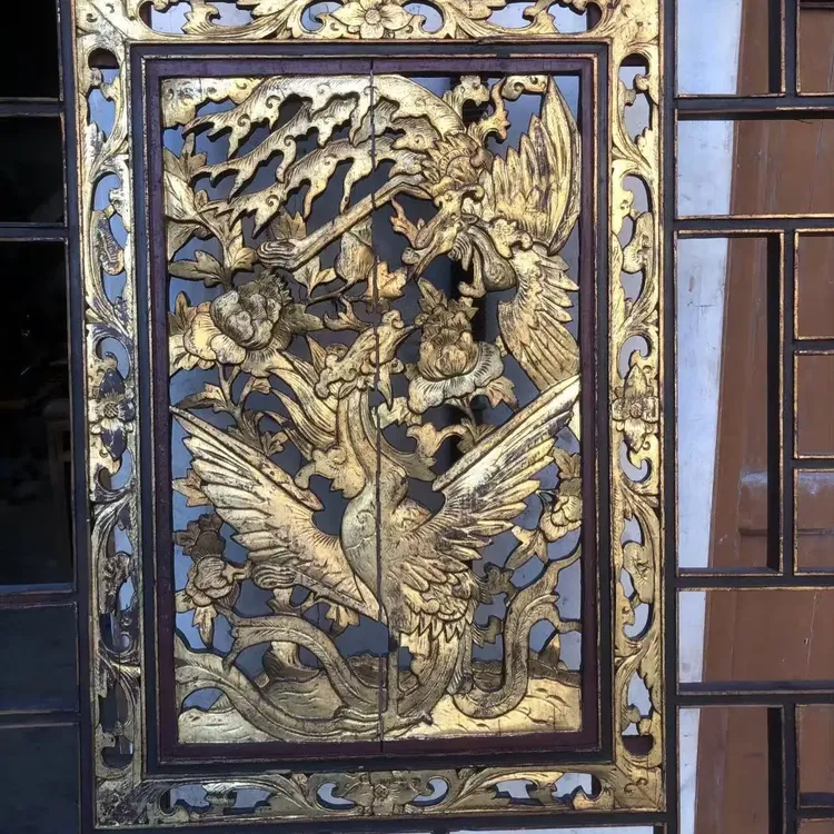 老物件金漆木雕双凤朝牡丹花板