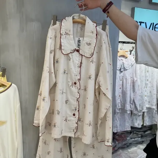 双层纱布棉甜美可爱长袖长裤睡衣家居服