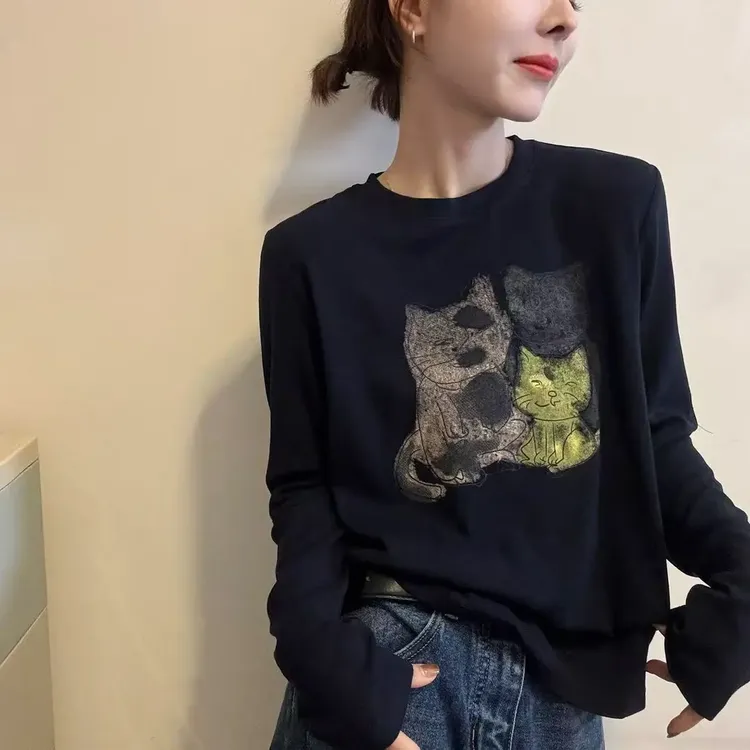 小猫印花上衣长袖T恤女欧洲站2025秋装新款欧货女装洋气打底衫潮