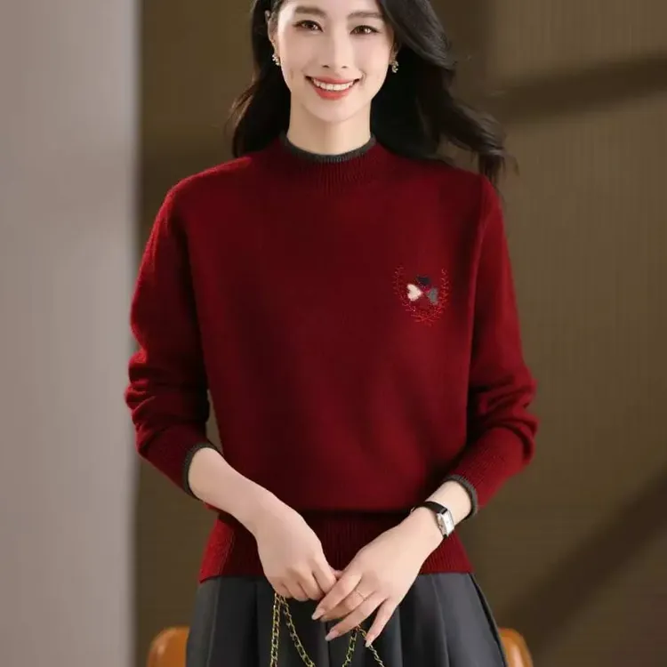 9880秋冬新款中老年妈妈装纯圆领加厚羊毛衫毛衣宽松针织打底上衣