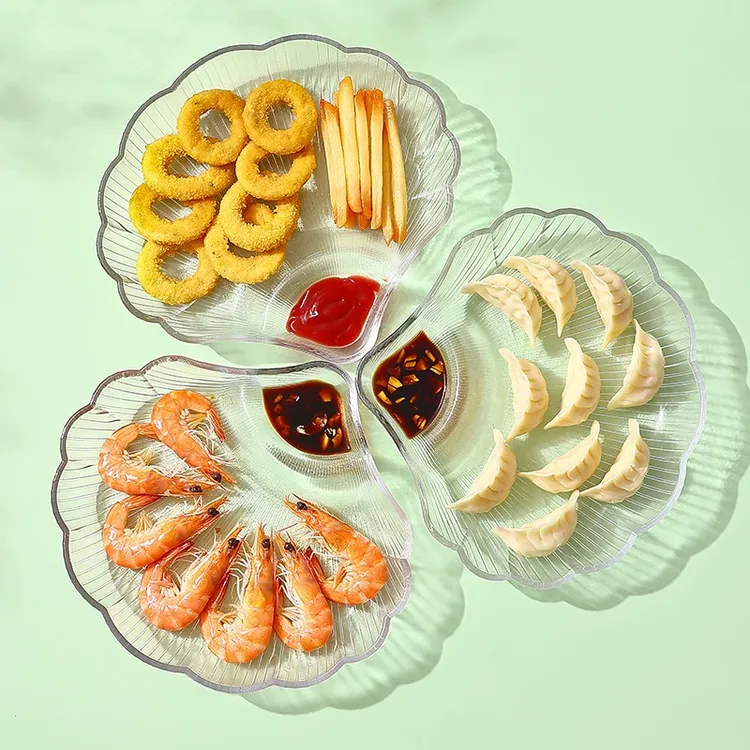 玻璃饺子盘子带醋碟减脂分餐盘家用扇形贝壳水饺专用盘蘸料盘一体