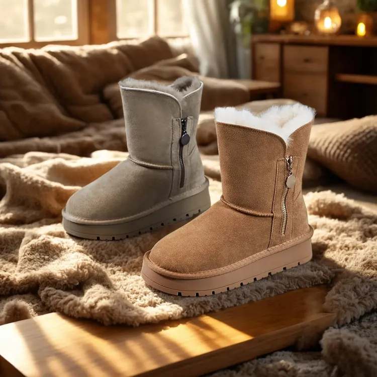 2025真皮时尚雪地靴冬季中筒百搭保暖加绒加厚棉鞋磨砂牛皮女短靴