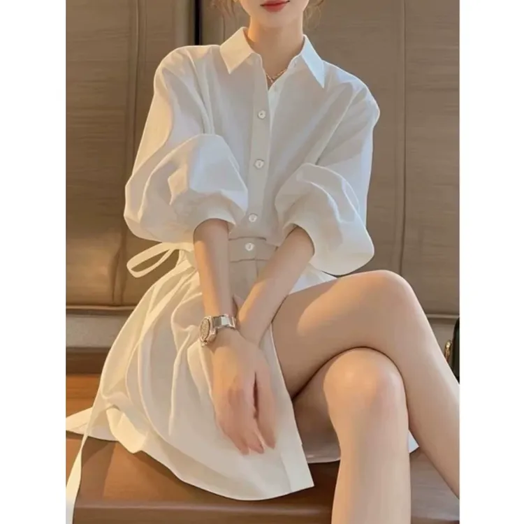 法式高级感气质收腰显瘦中长款白色衬衫女法式春季新款显瘦衬衣裙