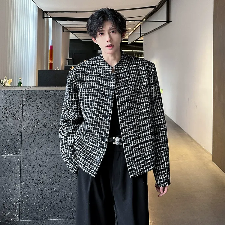 小香风立领短款垫肩西装外套男春秋美式潮牌轻奢痞帅宽松西服夹克