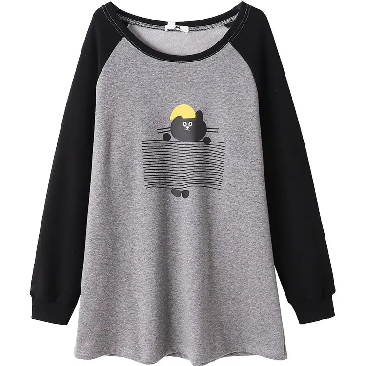 【董咚咚】撞色宽松长袖秋冬时尚加绒卫衣中长款