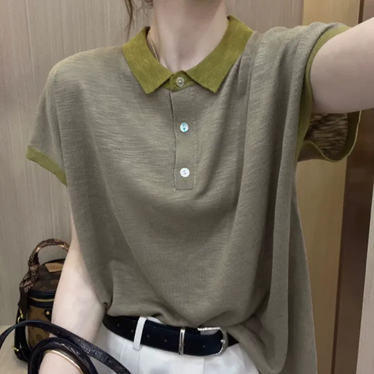 春季新款简约宽松显瘦polo衫女短袖T恤时尚设计感拼色三粒扣上衣