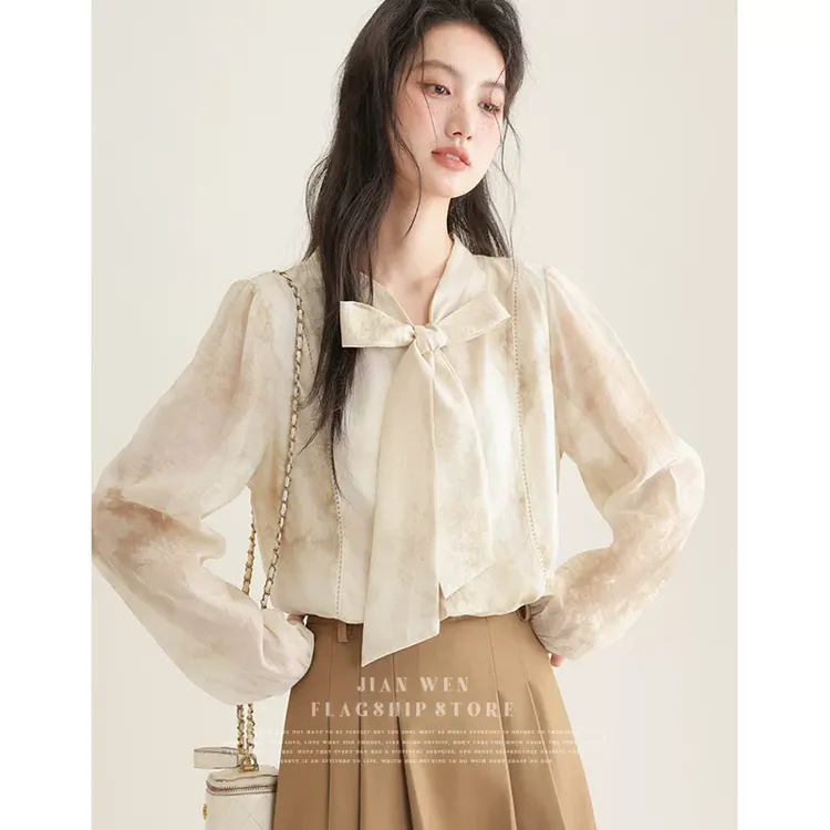 2025春秋新款法式系带蝴蝶结长袖衬衫女宽松晕染设计感衬衣上衣潮