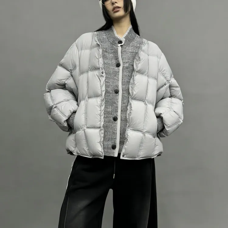 韩系针织拼接假两件立领白鸭绒冬季保暖百搭显瘦羽绒服