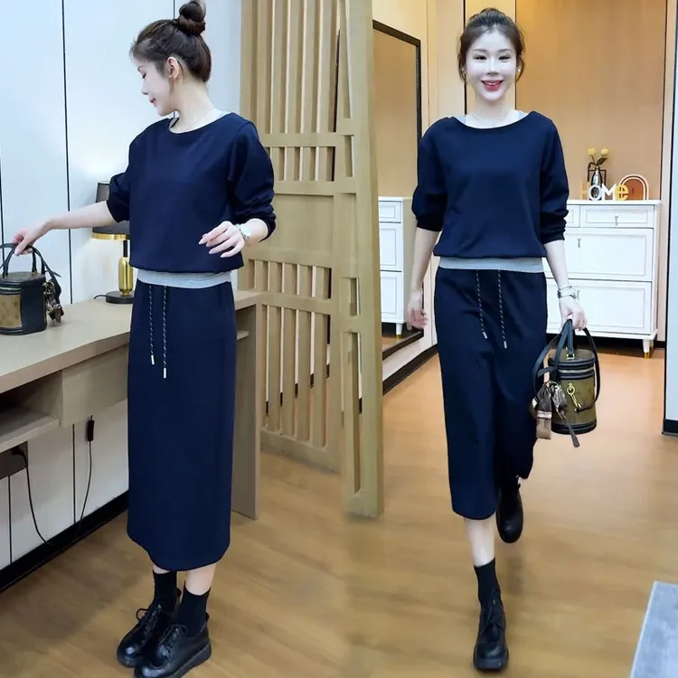 时尚套装裙女2025秋季新款时髦洋气假两件拼接卫衣半身裙两件套裙