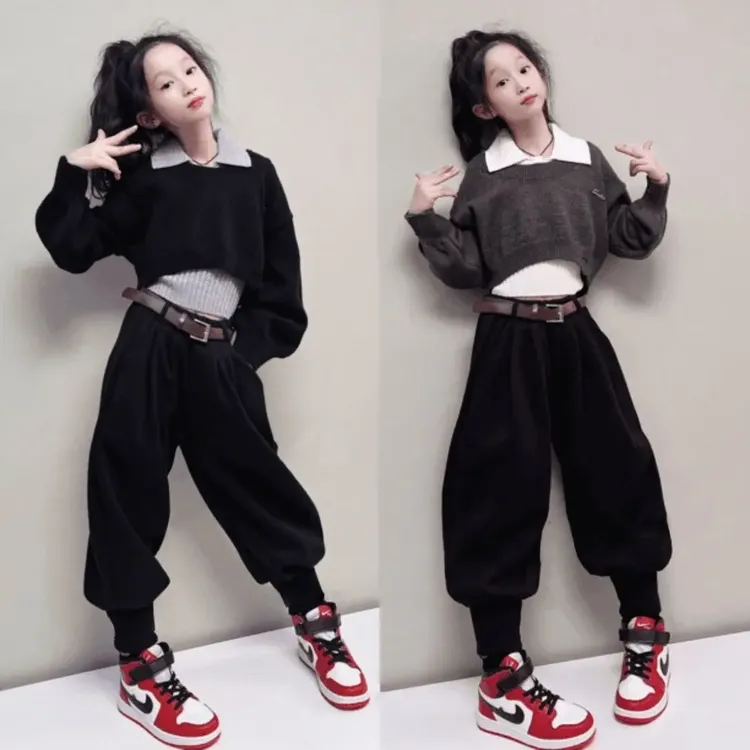 女童秋冬套装2025新款中大童休闲洋气毛衣背心时髦哈伦裤子三件套