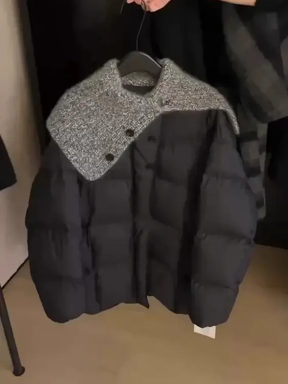 针织披肩黑色通勤风女2025冬季新款小个子气质设计感保暖棉服外套