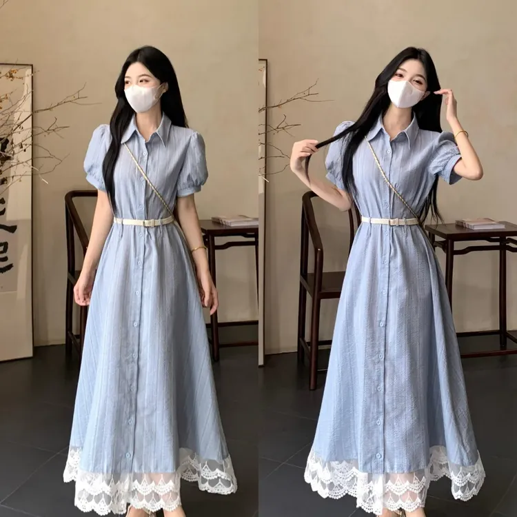 大码胖mm蕾丝花边法式拼接连衣裙女夏季新款高级感遮肉显瘦中长裙