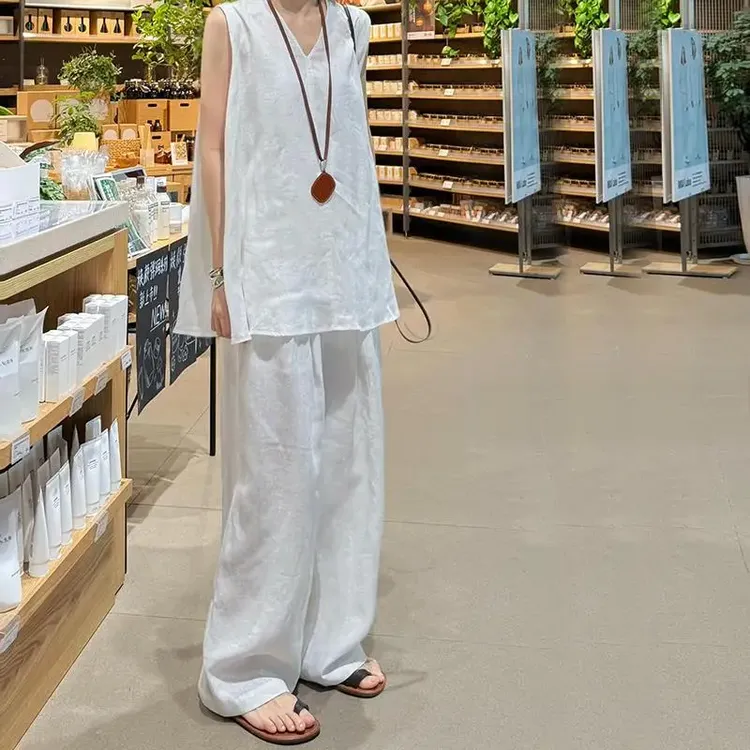 慵懒风松弛感女夏季新款宽松休闲棉麻无袖背心衬衫上衣阔腿裤套装