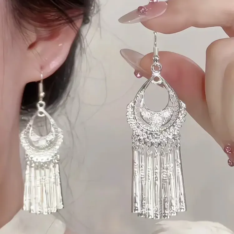 民族风几何风铃流苏耳钩女出游搭配新中式复古长款耳环高级感耳饰