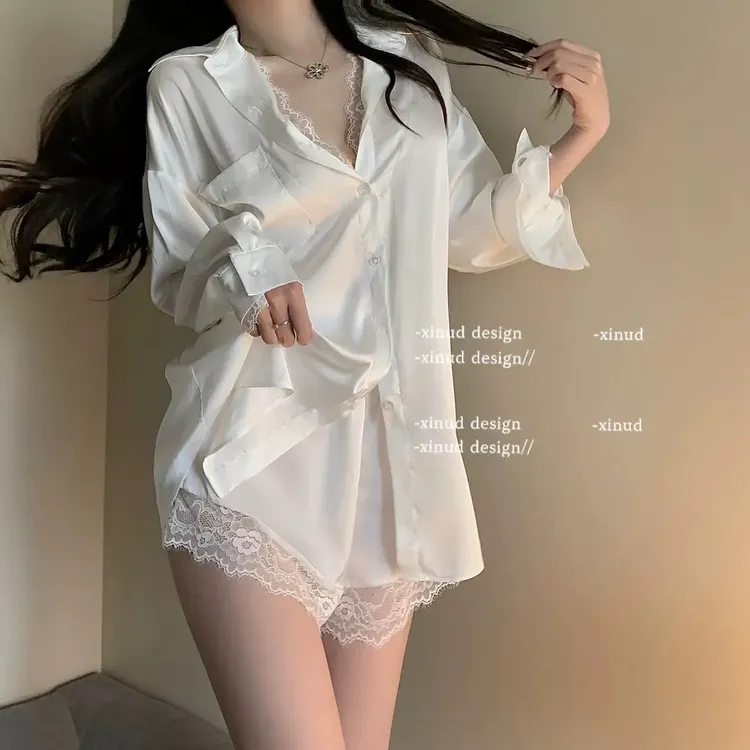 纯欲风蕾丝性感长袖白衬衫女夏季睡衣短裤宽松薄款法式家居服套装