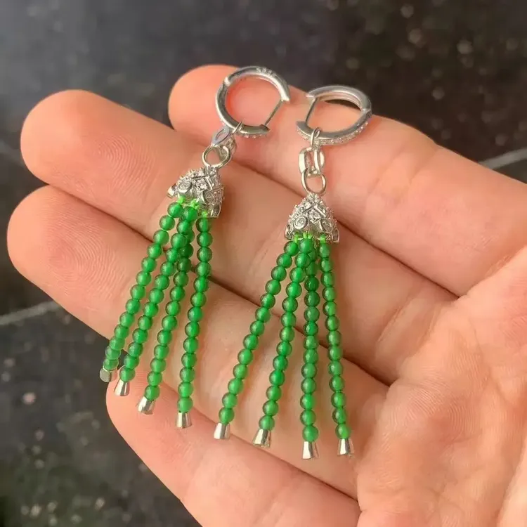 铜合金耳饰 绿色流苏耳坠翠色耳饰国风新中式耳扣女款送妈妈礼物