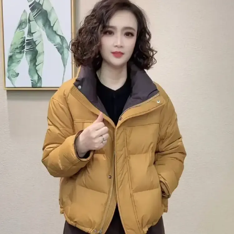 冬季新款工装风立领拼接翻领短款棉服时尚加厚保暖休闲纯色女外套