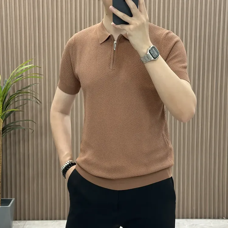 2025新款纯色商务休闲POLO衫短袖T恤针织大码修身翻领拉链POLO衫