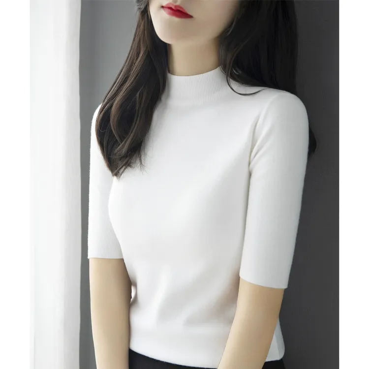 2025年半高领修身套头五分袖打底衫时尚秋季新款百搭中袖针织衫女