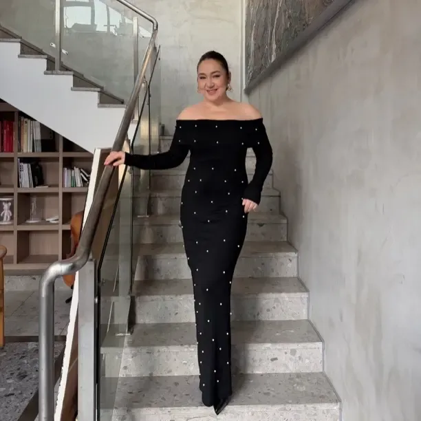 欧美风钉珠一字肩连衣裙秋季新款跨境气质修身晚礼服