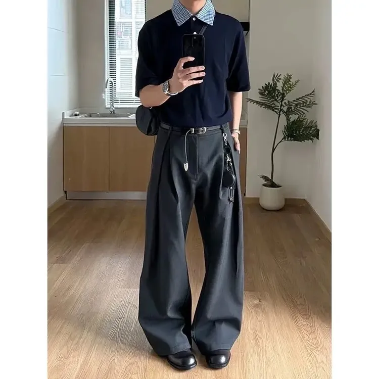 StaytheNight立体褶A字廓形西裤男夏季直筒休闲裤正常穿搭推荐