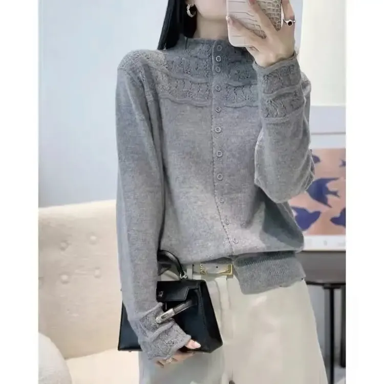 [蜜熊绒]半高领镂空针织开衫秋冬新款时尚百搭女打底毛衣显瘦气质
