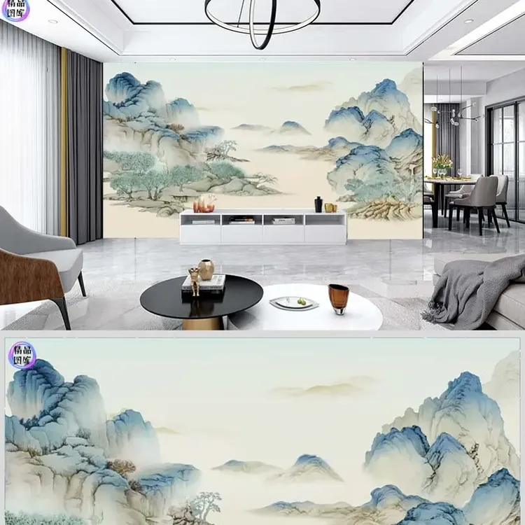 新中式宋式山水背景墙壁画用于客厅茶室沙发墙