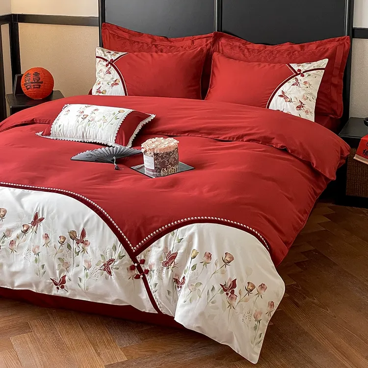 乐优公主100支长绒棉结婚四件套大红色婚庆喜被床单被套床上用品