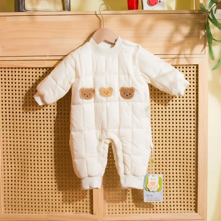 三只熊偏开婴幼儿连身衣婴儿宝宝保暖薄棉秋冬冬季哈衣棉衣爬爬服