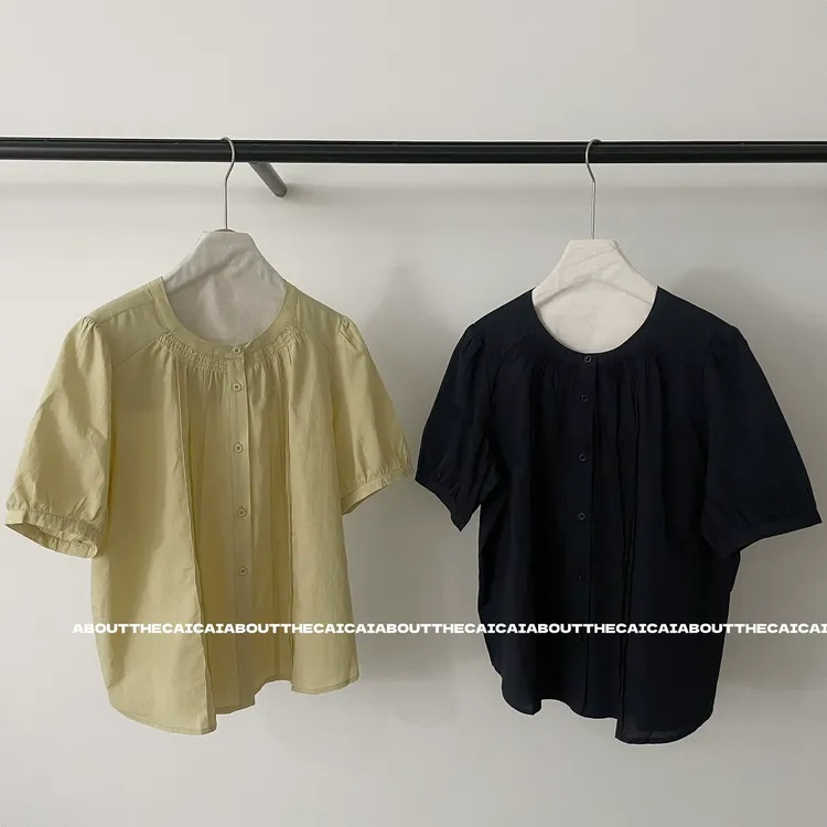 CAICAI夏季短款开衫圆领衬衫女韩系简约休闲透气百搭小衫上衣2566