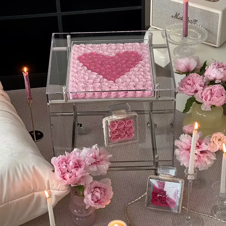 214情人节永生花爱心亚克力礼盒摆件生日表白求婚送女友闺蜜礼物